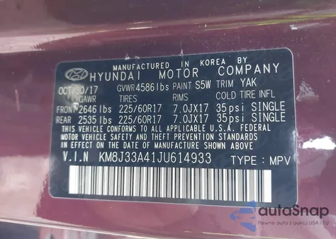 2018 Hyundai Tucson Sel z USA, uszkodzony, nr VIN KM8J33A41JU614933